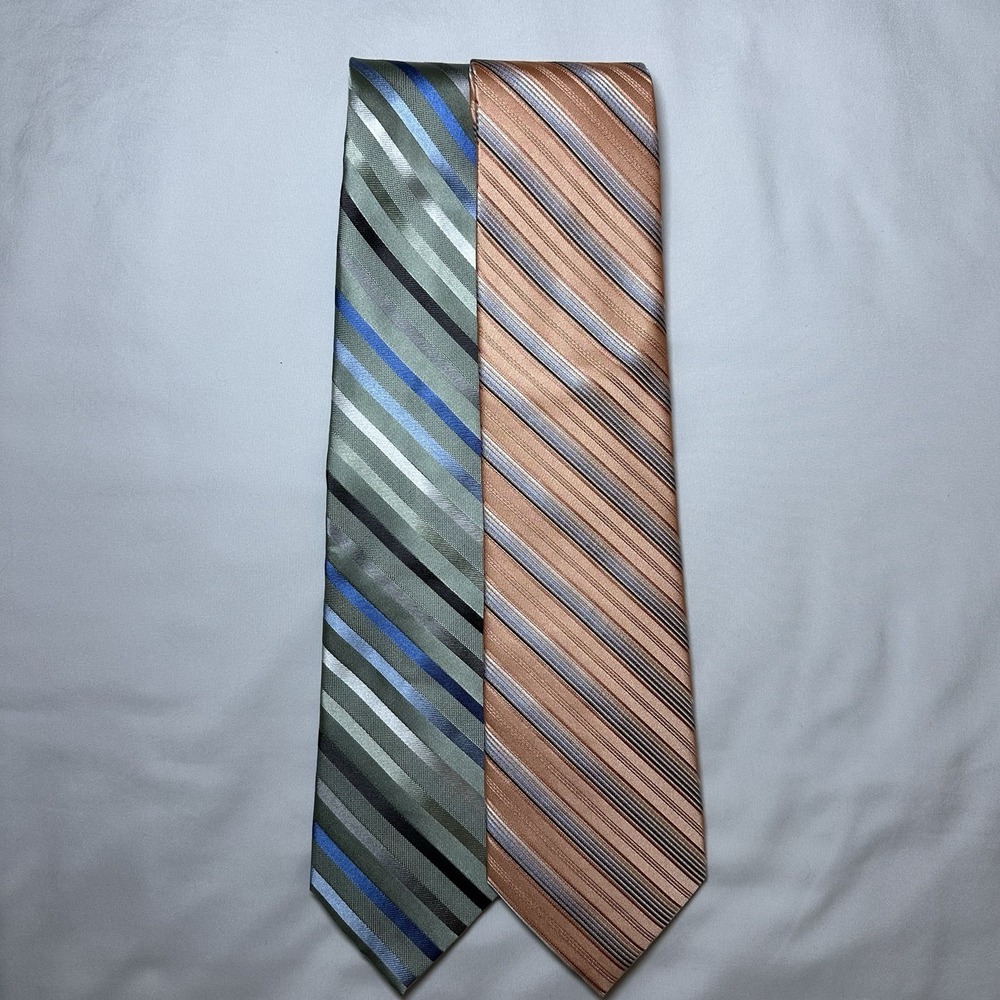 Jos A Bank Mens Silk Tie Lot 2 Light Green Peach Preppy Diagonal Stripe NEW - Picture 2 of 13